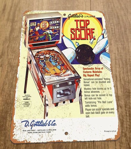 Arcade Games & Vending Llc - Gottliebs Top Score Flipper-Spielzimmer Metall-Wandschild Vintage